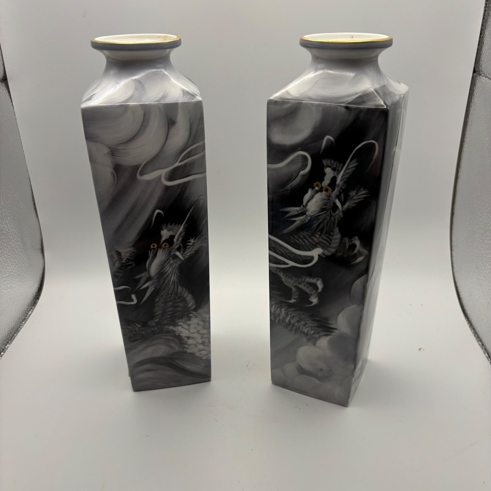 Noritake Dragon Vases‎ Bone China Square Asian Decor Pair 12" Tall